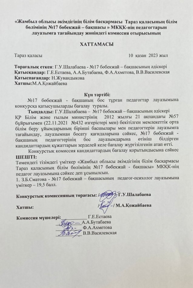 Педагогтарды лауазымға тағайындау жөніндегі комиссия отырысының хаттамасы