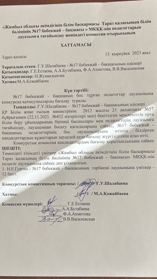 Педагогтарды лауазымға тағайындау жөніндегі комиссия отырысының хаттамасы